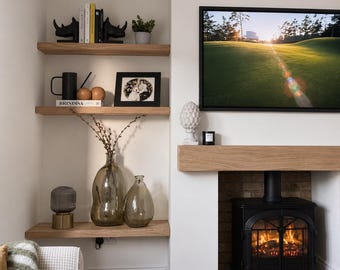 Solid Oak Floating Shelves matching Mantle Beam, 4cm thick Different Sizes Oiled Ready to Fix Wood Shelving Handcrafted Rustic Kitchen