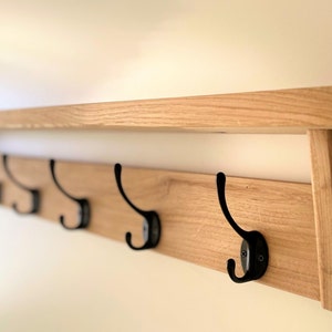 Natural SOLID OAK Coat Rack with Shelf, Handmade Wooden Entryway Shelf with Cast Iron Hooks, Towel hanger, Wall mounted metal retro classic image 2
