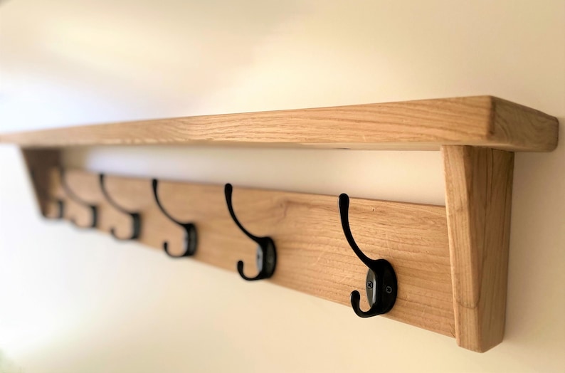 Natural SOLID OAK Coat Rack with Shelf, Handmade Wooden Entryway Shelf with Cast Iron Hooks, Towel hanger, Wall mounted metal retro classic image 2