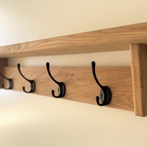 Natural SOLID OAK Coat Rack with Shelf, Handmade Wooden Entryway Shelf with Cast Iron Hooks, Towel hanger, Wall mounted metal retro classic image 1