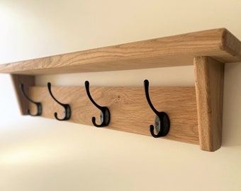 Natural SOLID OAK Coat Rack with Shelf,  Handmade Wooden Entryway Shelf with Cast Iron Hooks, Towel hanger, Wall mounted metal retro classic