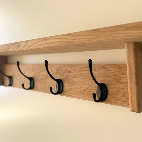 Natural SOLID OAK Coat Rack with Shelf,  Handmade Wooden Entryway Shelf with Cast Iron Hooks, Towel hanger, Wall mounted metal retro classic