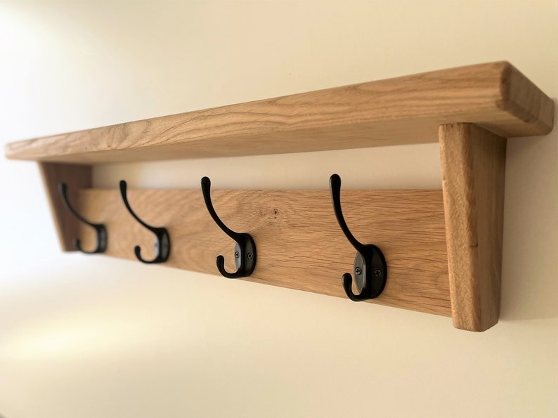 Natural SOLID OAK Coat Rack with Shelf, Handmade Wooden Entryway Shelf with Cast Iron Hooks, Towel hanger, Wall mounted metal retro classic image 1