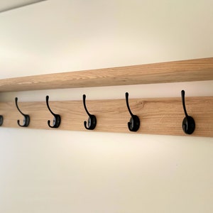 Natural SOLID OAK Coat Rack with Shelf, Handmade Wooden Entryway Shelf with Cast Iron Hooks, Towel hanger, Wall mounted metal retro classic image 4