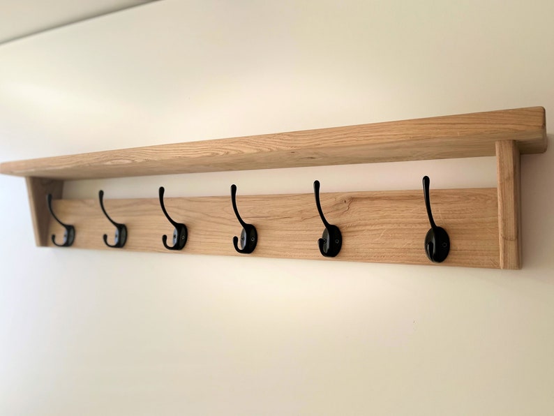 Natural SOLID OAK Coat Rack with Shelf, Handmade Wooden Entryway Shelf with Cast Iron Hooks, Towel hanger, Wall mounted metal retro classic image 4