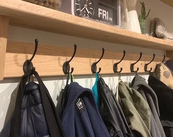 Wall Mounted Oak Coat Rack with Shelf, Entryway Organizer Rail Hooks, Solid Wood Hallway Storage, Handmade Rustic Wooden Holder Hook Hanger