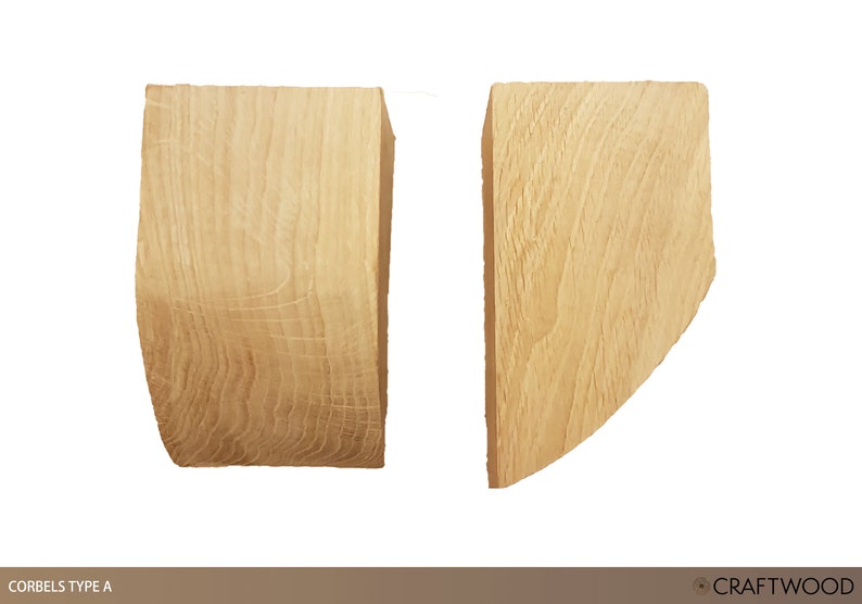 May include: Two wooden corbels, one with a curved edge and one with a straight edge. The corbels are made of light-colored wood with a natural grain pattern.  Corbels Type A.