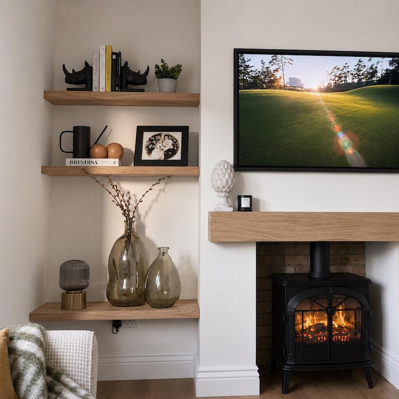 May include: A cozy living room corner with wooden shelves displaying decor. Includes black rhino bookends, a framed photo, and a black mug. A fireplace with a lit fire and a TV displaying a golf course scene adds warmth.
