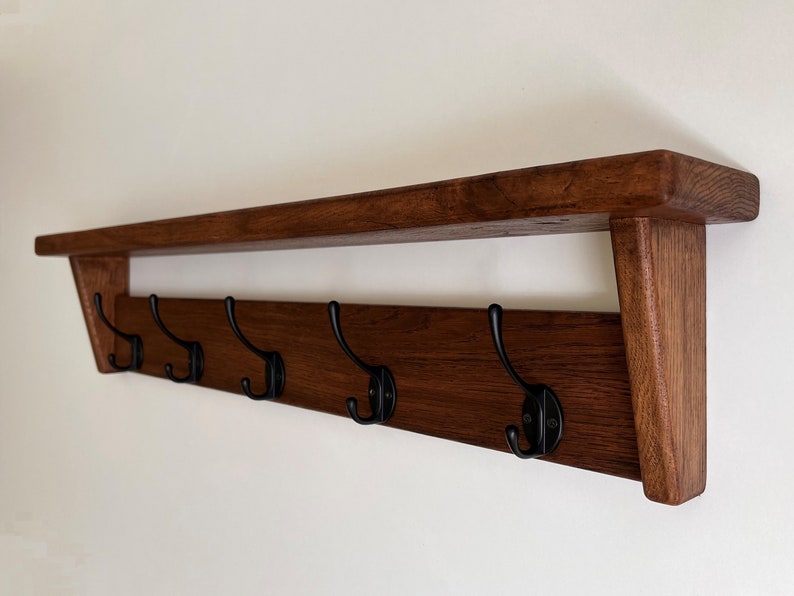 Natural SOLID OAK Coat Rack with Shelf, Handmade Wooden Entryway Shelf with Cast Iron Hooks, Towel hanger, Wall mounted metal retro classic image 5