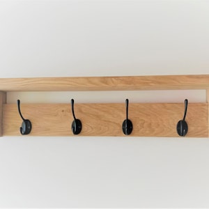 Natural SOLID OAK Coat Rack with Shelf, Handmade Wooden Entryway Shelf with Cast Iron Hooks, Towel hanger, Wall mounted metal retro classic image 3