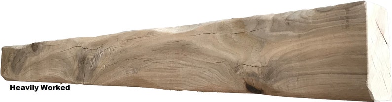 May include: Heavily worked, rustic wooden beam with a natural, light brown color and a rough, textured surface. The beam has a crack running down its length.