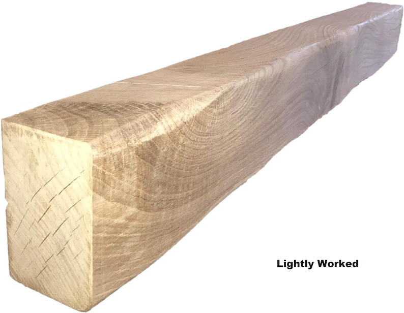 May include: A rustic, light brown wooden beam with a slightly rounded edge. The beam has a rough, natural texture and is labeled "Lightly Worked".