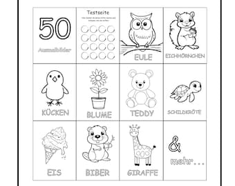 50 coloring pages, coloring book pages, children's coloring book, cute motifs to print and color for children