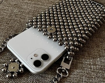 Bolso bandolera de plata con cuentas, hecho a mano: bolso de noche para bodas.