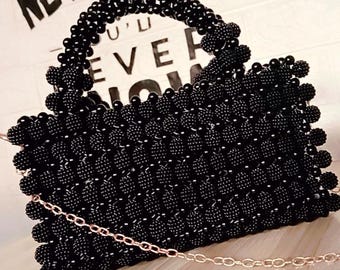 Bolso negro con cuentas – Bolso hecho a mano, bolso bandolera de noche para bodas, fiestas y regalos.