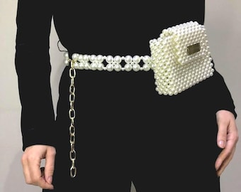 White Beaded Belt Bag Handmade Pearl Waist Purse Elegant