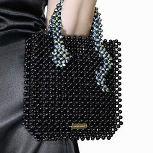 Schwarz Perlen Handtasche: Kristall Griff Abendtasche