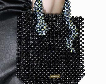 Bolso de mano negro con cuentas: bolso de noche con asa de cristal