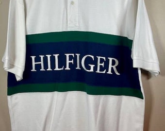 Vintage Tommy Hilfiger Spell Out Medium MD White Green & Blue Polo