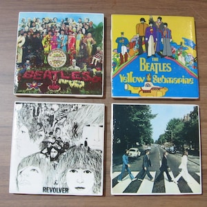 Set of 4 The Beatles Ceramic Tile Coasters Abbey Road Sgt Pepper Yellow Submarine Revolver