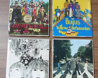 Set of 4 The Beatles Ceramic Tile Coasters Abbey Road Sgt Pepper Yellow Submarine Revolver
