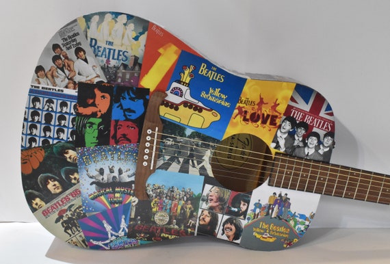 Custom THE BEATLES Album Decoupage Fender FA-125 Acoustic Guitar Yellow Submarine Sgt Pepper Revolver Abbey Road Rubber Soul Hard Days Night