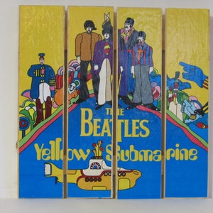 THE BEATLES Yellow Submarine Album Cover Decoupage Wooden Wall Hanging Mini Pallet Frame