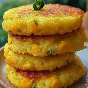 Peut inclure: Une pile de quatre beignets de maïs dorés, présentant des grains de maïs jaunes visibles et de petites taches d'herbes vertes. Le beignet du dessus est garni d'une seule feuille d'oignon vert enroulée, avec une texture croustillante.