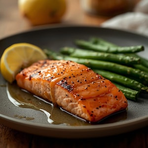 May include: A plate of cooked salmon with a glaze, green beans, and a lemon wedge. The salmon is a reddish-orange colour with black pepper sprinkled on top. The green beans are bright green, and the lemon is yellow.
