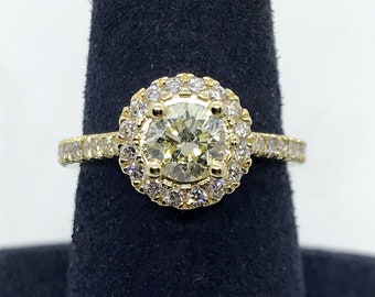 1.28 ct tw Fancy Yellow Round Diamond Halo Engagement Ring 14K Yellow Gold