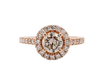 1.21 ct tw Champagne Color Round Diamond Halo Engagement Ring 14K Rose Gold