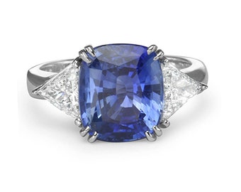 6.43 cttw Cushion Cut Sapphire & Trillion Diamond Three Stone Engagement Ring 14K White Gold