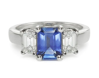 2.54 cttw Emerald Cut Sapphire & Diamond Three Stone Engagement Ring in Platinum