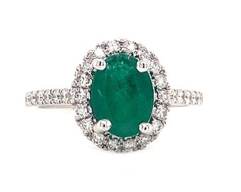 1.50 cttw Oval Cut Emerald & Diamond Halo Engagement Ring 14K White Gold