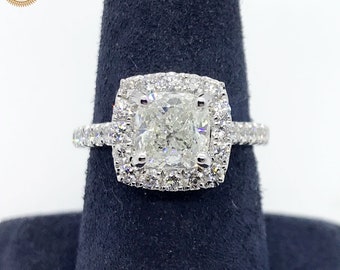 2.80 cttw GIA I/SI2 Cushion Cut Diamond Halo Engagement Ring 18K White Gold