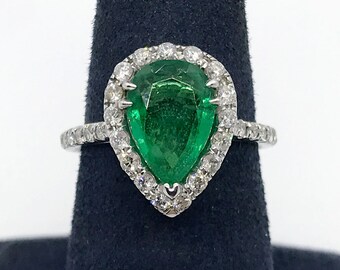 2.40 ctw Pear Shape Emerald & Round Diamond Halo Engagement Ring 14K White Gold