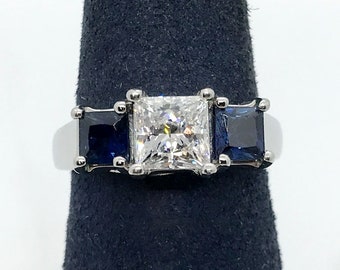 1.93 cttw E/SI-1 Princess Cut Diamond & Sapphire Three Stone Ring in Platinum