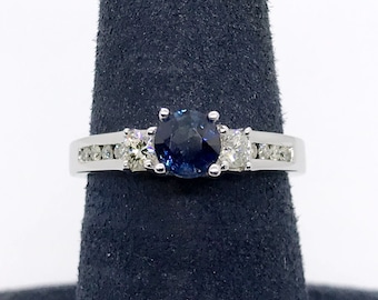 0.80 ctw Round Cut Blue Sapphire & Diamond Engagement Ring 14K White Gold