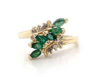 0.45 ct tw Marquise Cut Emerald & Diamond Ring 14K Yellow Gold