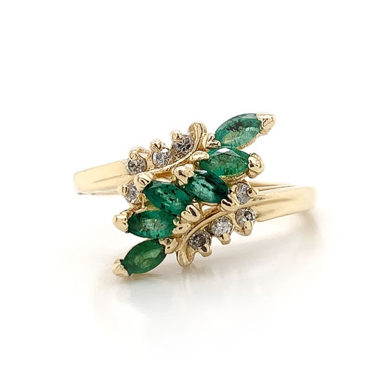0.45 ct tw Marquise Cut Emerald & Diamond Ring 14… - image 1