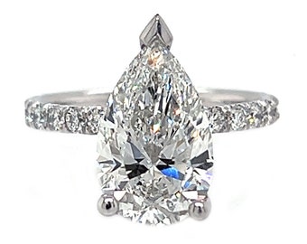 4.00 G VS2 IGI Certified Pear Shape Lab Created Diamond Pave Solitaire Engagement Ring 14 kt. White Gold