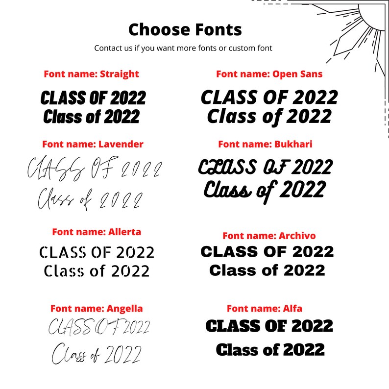 May include: A white graphic with the text "Choose Fonts" and examples of different font styles. Each font example displays "CLASS OF 2022" and "Class of 2022" in various styles, including Straight, Open Sans, Lavender, Bukhari, Allerta, Archivo, Angella, and Alfa.