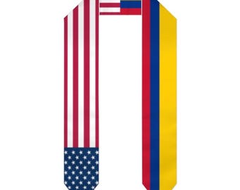 May include: A graduation stole featuring the American and Colombian flags. The American side has red and white stripes with a blue section of stars. The Colombian side has vertical stripes of yellow, blue, and red.