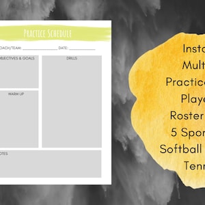 Könnte beinhalten: Ein gelber Aquarellhintergrund mit dem Text "Sofort-Download", "Mehrere PDF-Dateien", "Trainings-Plan-Vorlage", "Spieler-Notiz-Seite", "Kader- und Kontaktlisten", "5 Sport-Übungsdiagramme", "Softball Volleyball Fussball", und "Tennis Basketball".