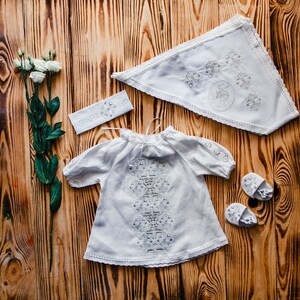 Baptism clothing set: Embroidered dress, headband, booties, kryzhma. Ukrainian Baptismal set for baby Girl. Vyshyvanka Newborn Outfit.