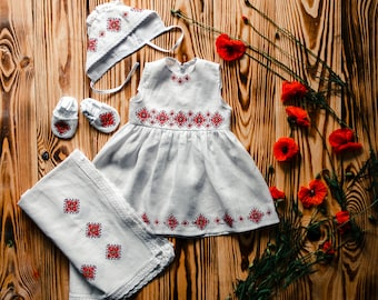 Baptism Set Girl: Embroidered dress, hat, booties, kryzhma. Ukrainian dresses for Baby girls. Children's folk cotton costume. 1st birthday.