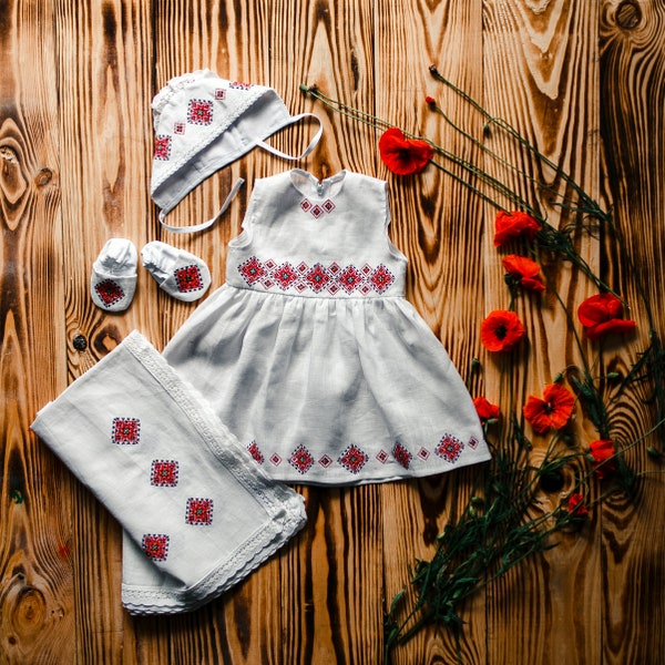 Baptism Set Girl: Embroidered dress, hat, booties, kryzhma. Ukrainian dresses for Baby girls. Children's folk cotton costume. 1st birthday.