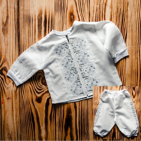 Newborn set: shirt, pants. Children's folk cotton costume. Baptismal set for baby. Embroidered Ukrainian Outfit. Vyshyvanka Newborn Outfit.