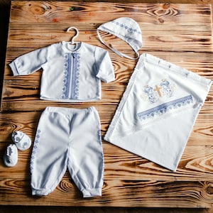 Baby Boy Baptism Set: hat, booties, shirt, pants, kryzhma. Ukrainian Baby Boy. Children&#39;s folk cotton costume. Baby Cossak Outfit