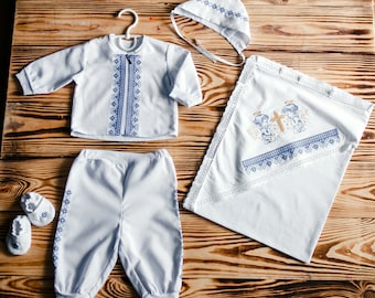 Baby Boy Baptism Set: hat, booties, shirt, pants, kryzhma. Ukrainian Baby Boy. Children's folk cotton costume. Baby Cossak Outfit